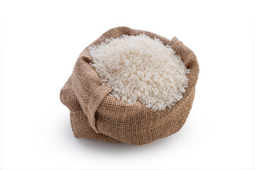 Wall Mural - raw rice in sack on white background 