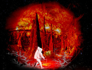 Wall Mural - astronaut stands on alien red planet. elements of this image furnished by nasa.