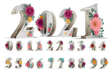 Wood Number And Colorful Flower Decoration On White Background. 3d Rendering Illustration.