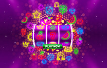 Play Now Slots Neon Icons, Casino Slot Sign Machine, Night Vegas. Vector