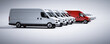 Red commercial van and fleet of white trucks. Transport. Transport and shipping