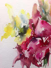 Abstract bright colored decorative background . Floral pattern handmade . Beautiful tender romantic bouquet of gladiolus flowers , made in the technique of watercolors from nature.