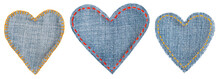 Jeans Heart, Patch With Stitches Seams, Set Of Fabric Shapes Isolated Over White Background, Love Concept