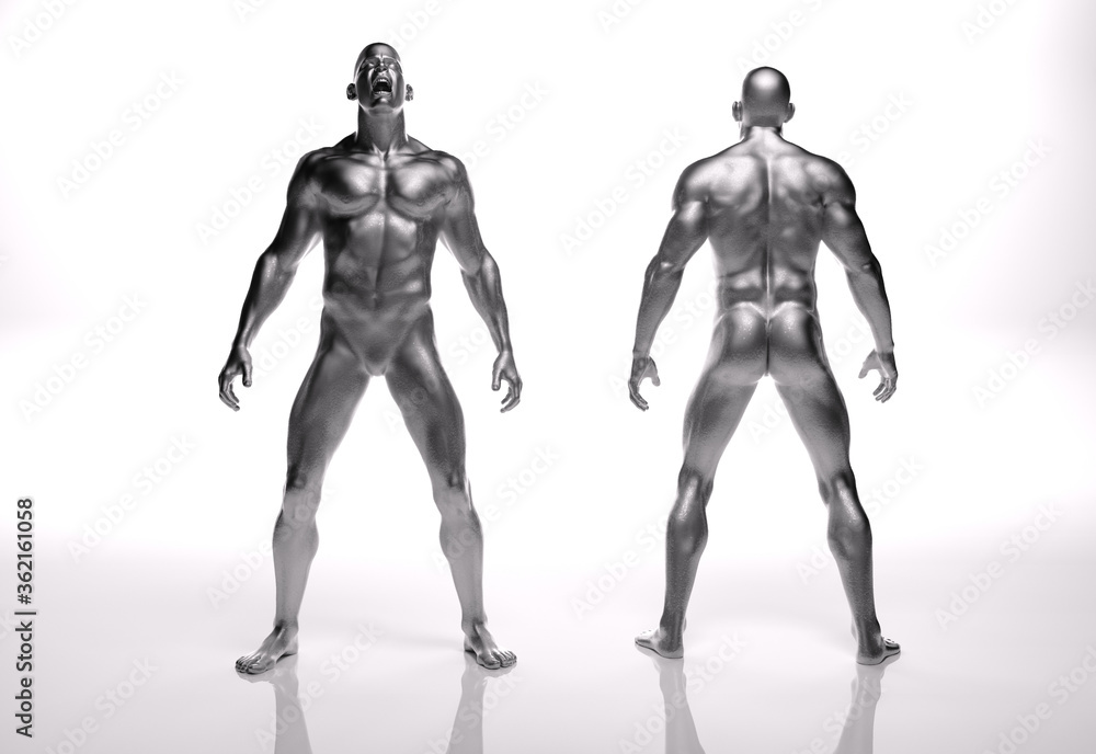TITLE: 3D Render : an illustration of a male character model with silver texture