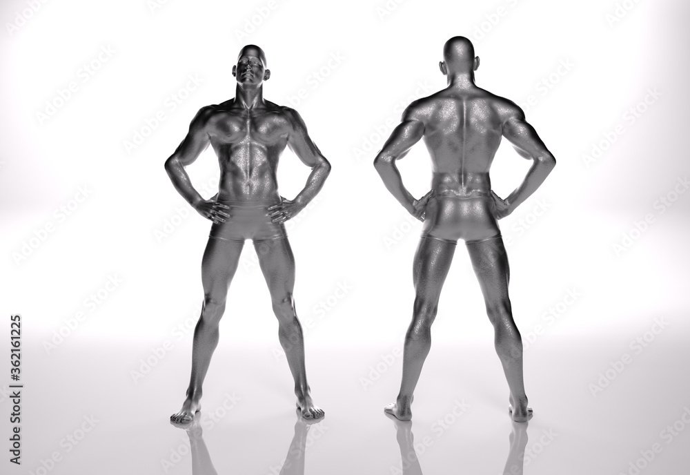TITLE: 3D Render : an illustration of a male character model with silver texture