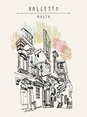 Wall Mural - Valletta, Malta, Europe. Pedestrian street in old town. Nice historical buildings. Travel sketch drawing. Verticl vintage poster, postcard template, book illustration. EPS10 vector