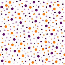 Seamless Abstract Pattern Of Circles Of Different Sizes In A Chaotic Manner In The Colors Of Halloween On A White Background. Design Of Products On The Theme Of Halloween Textiles, Packaging, Bags
