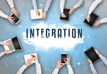 Group of people having a meeting with INTEGRATION insciption, web security concept