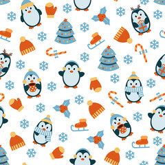 Wall Mural - Christmas seamless pattern with cute handdrwn penguins, Christmas tree, skates and winter clothes. Vector illustration.