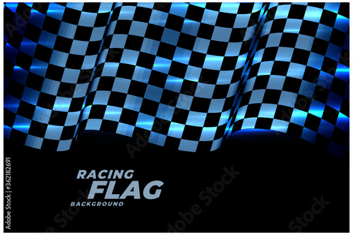 racing checkered flag background in blue neon lights