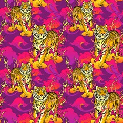 Wall Mural - Tiger walking on fire and cloud illustration Japanese or Chinese  oriental design for digital printing with purple pink tone seamless pattern vector background