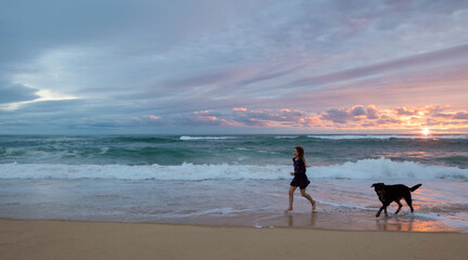 Wall Mural - cute little girl running on the beach with her dog at sunset