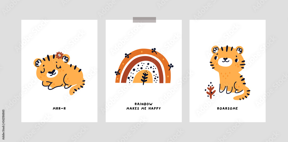 Childish cards or poster with cute baby tiger, rainbow, little animals ...