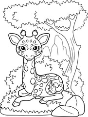 Wall Mural - little cute giraffe lies on the grass, coloring book