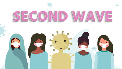 Wall Mural - Defense concept of the second wave outbreak, cute character wearing mask, second wave alphabet and coronavirus background, vector illustration for graphic design, website or banner, pink cheek girl