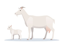 Vector Illustration Of Goat With Young Goatling. Farm Animals, Domestic Small Cattle Adult And Young.