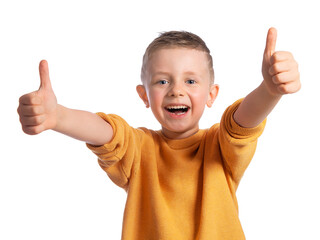 portrait of a beautiful european boy 6 years old on a white background. the child spreads his hands 