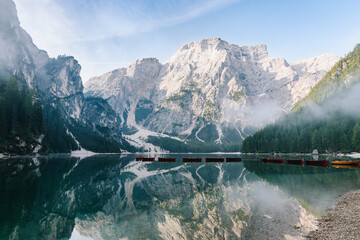  Spectacular lake during a foggy morning in Italian Dolomites, Lago di Braies