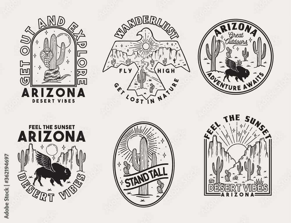 Set of vector Arizona desert badges. - obrazy, fototapety, plakaty 