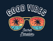 © cddesign.co - Good Vibes slogan text, with sunset reflect in the sunglasses. Vector graphic for t-shirt prints, posters and other uses.