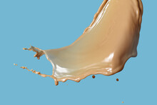 Photo Of Coffee Or Brwon Liquid Splash With Drops Isolated On Black Background. Close Up View