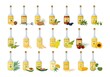Glass bottles with oil set. Stylish container with natural oils healthy avocado fragrant almonds medicinal needles, nutritious olive for salad dressing sunflower cedar vector health and freshness.