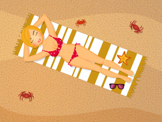 Poster - blonde girl sunbathes lying on the mat at the beach