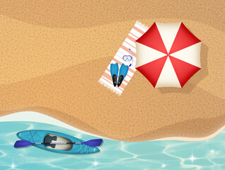 Poster - illustration of umbrella, kayak on vacation on the beach viewed from above