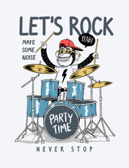 Wall Mural - Let's rock slogan with cool monkey playing drums. Vector illustration for t-shirt prints, posters and other uses.