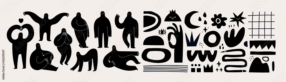 Set of Hand drawn various Shapes and Doodle objects and People silhouettes. Abstract contemporary modern trendy Vector illustrations. Black monochrome concept. Dark theme. All elements are isolated - obrazy, fototapety, plakaty 