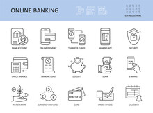 Online Banking. Editable Stroke Vector Icons. Bank Account Emoney Transfer Funds Online Payment. List Of Recent Transaction Security Loan Deposit Check Balance Banking App. Management Investment Card