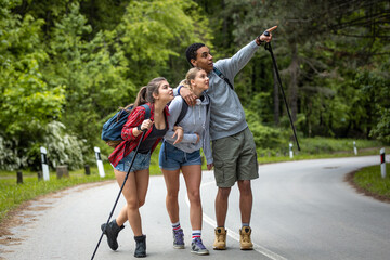 Wall Mural - group of friends hiking in nature.they walking by the old country road.