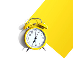 Yellow vintage alarm clock with shadow - flat lay