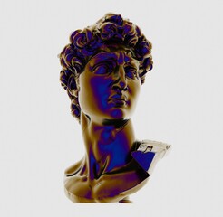 3D rendering of David head made of glossy oily material. Classical bust sculpture in postmodern futuristic style.