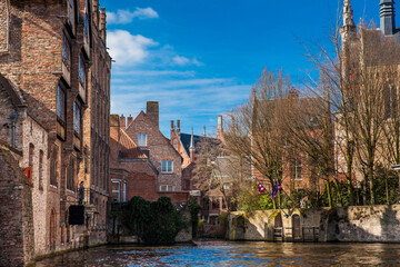 View of the city and the canals of the historical and beautiful Bruges town in Belgium