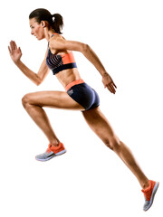 one young caucasian woman runner running jogger jogging athletics competition isolated on white background