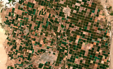 Image Satellite Of The Presence Crops And Andcities. Sonora Desert Of Brawley, California, EUA. Observation Of The Surface Of The Earth From The Sky. Generated And Modified From Satellite Images.