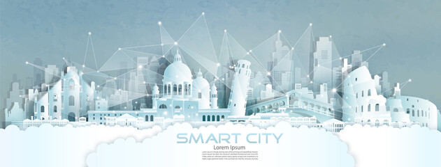 Wall Mural - Technology wireless network communication smart city with architecture in England.