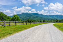 Farm Road Fence Path In Roseland, Virginia Near Blue Ridge Parkway Mountains In Summer With Idyllic Rural Landscape Countryside In Nelson County