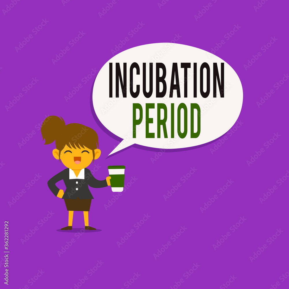 Conceptual hand writing showing Incubation Period. Concept meaning time elapsed starting from getting exposed to an infectious agent Female Hu analysis Wearing Uniform coffee Cup Speech Bubble
