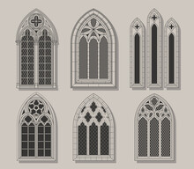 Medieval Gothic Style Windows, Drawings Set 