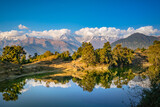 Fototapeta Natura - Mesmerizing view at Deoria Tal or Lake nestled in Garhwal Himalayas at  Chopta, Uttarakhand, India. This lake is a camping location for Tungnath Chandrashila hiking trail.