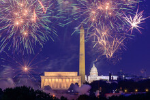 4th Of July Independence Day Fireworks In Washington DC, USA. July 4, 2020, 2021. New Year. View From Arlington.