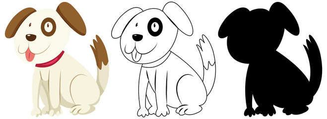 Sticker - Cute dog in colour and outline and silhouette