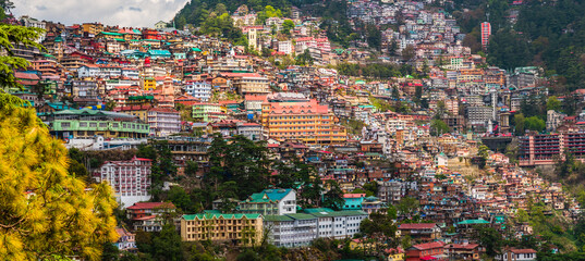 beautiful panoramic cityscape of shimla, the state capital of himachal pradesh located amidst himala