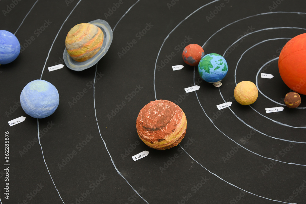 Kids presenting their science home project at school - chart showing the planets of our solar system prepared for education purpose for students.