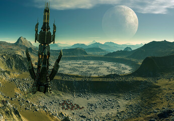 Wall Mural - 3d rendered fantasy alien landscape with landed spaceship- 3d illustration