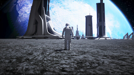 Canvas Print - Astronaut on the moon stay idle. 3d render.