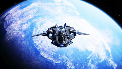 Wall Mural - spaceship in outer space. earth background. 3d rendering.