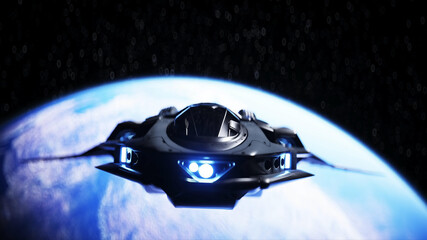 Wall Mural - spaceship in outer space. earth background. 3d rendering.
